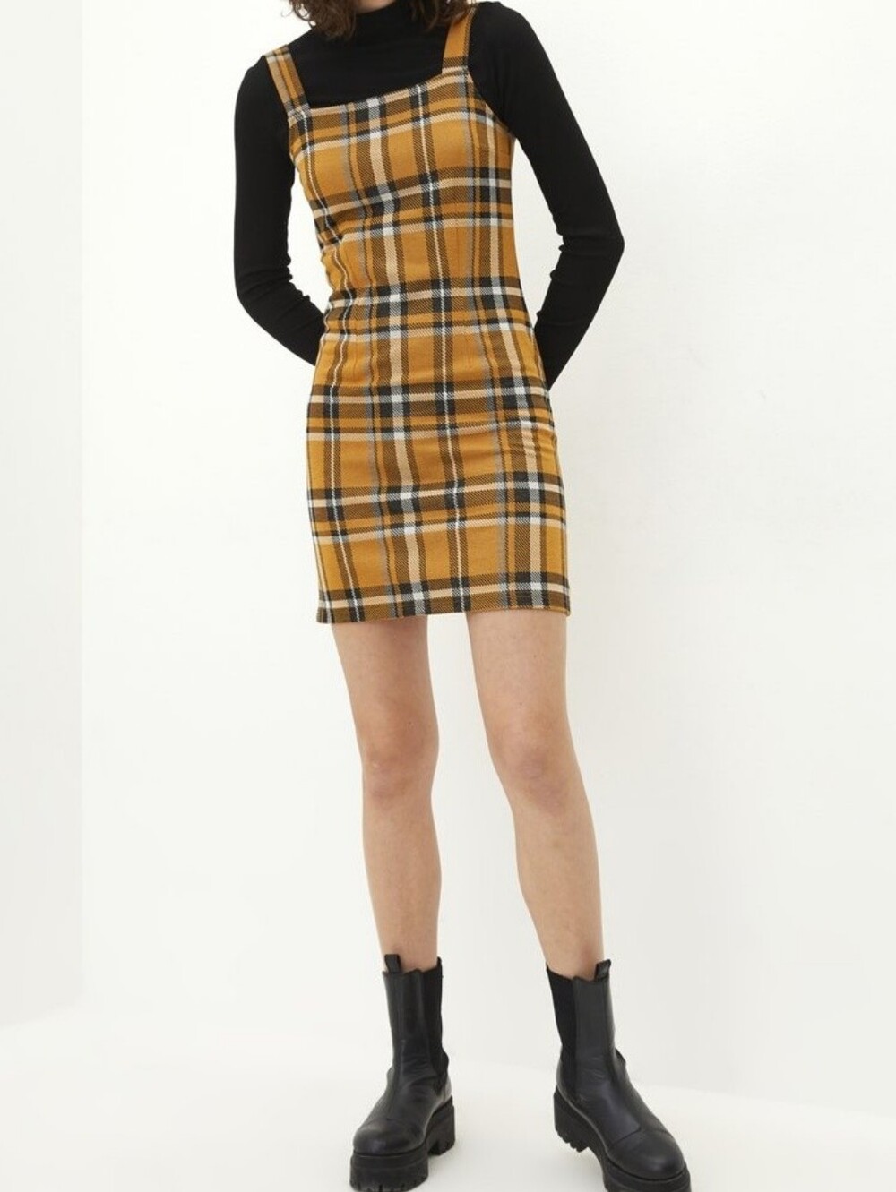 90s Style Yellow Plaid Mini Dress with Straps